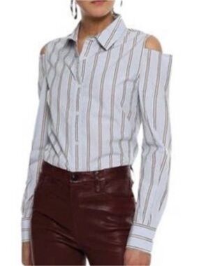 Frame women’s Striped Cold-Shoulder Button-Down Top in Blue White Brown Med NWT